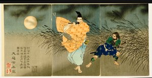 Triptyk av "Fujiwara No Yasumasa Playing the Flute by Moonlight", 1883