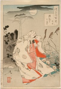 Yokobue väntar på Takiguchi Tokiyori i månsken vid Hōrinji av Tsukioka Yoshitoshi