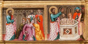 Predella med den helige Bartolomeus liv, gör exorcism och dop, detalj från Jungfru och barn omgiven av änglar och helgon (olja på panel
