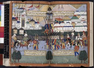 Lägg till. 22011, ff.81v-82, Lala Mustafa Pashas ottomanska armé paraderar framför Tiflis murar från 