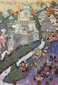 Slaget vid Nicopolis, 25-28 september, 1396, faksimil av en miniatyr bevarad i Topkapi-museet i Istanbul av Turkish School