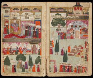 Le couronnement du sultan ottoman Mehmet III (1566-1603) au palais Topkapi, sv 1595 - Mehmed III:s kröning i Topkapipalatset 1595 (Från Manuskript Mehmed III:s fälttåg i Ungern) - Turkisk mästare - ca. 1600 - Akvarell och tusch på papper - The av Turkish School