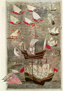Den ottomanska flottan av Tarik-y Bayezid (bläck och bladguld på veläng) av Turkish School