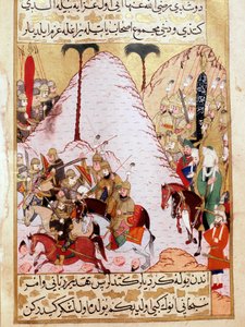Profeten Muhammed (Muhammed eller Muhammed) (570-632) (ansikte täckt) under belägringen av Mecka Turkish Miniature av 1700-talets Topkapipalats Istanbul Turkiet
