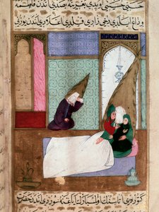 Profeten Muhammed (Muhammed eller Muhammed) (570-632) (täckt ansikte) tar ifrån sin familj vid tiden för döden en persisk miniatyr på 1700-talet. Musee Topkapi Istanbul Turkiet