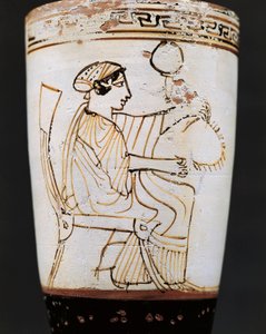 Lekythos, oljeflaska tillskriven Tymbos målare föreställande kvinna som väver krona, 500-talet f.Kr. av Tymbos Painter (attr. to)