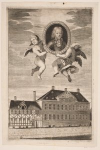 Medaljong med porträtt av en pojke från familjen Plessen. f.n. ett korsvirkeshus och en herrgård av Ubekendt