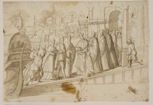 Kung Henrik III, Doge Alvise Mocenigo och kardinal San Sisto togs emot av den venetianske patriarken Giovanni Trevisan vid Lido i Venedig av Ubekendt Ubekendt