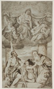 Jungfrun och barnet bland änglar i molnen med Sts Johannes Döparen och Hieronymus, efter Paolo Veroneses målning tidigare i S. Francesco della Vigna, Venedig av Ubekendt Ubekendt