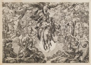 Målning, skulptur och arkitektur, förbjudna av turkarna, tillbakadragna till Olympen av Ubekendt efter Jan Muller; H. Goltzius; Ae. Sadeler og Lucas Kilian efter Bartholomeus Spranger