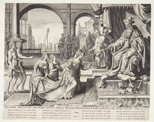 Ester inför Ahasveros och bjöd honom till en bankett av Ubekendt efter Philips Galle efter forlæg af Maarten van Heemskerck