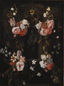 En stenkartouche med Jungfru Maria och Kristusbarnet i en nisch omgiven av en blomsterkrans av Ubekendt flamsk 1600 tallet
