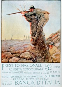 Första världskriget: Italiensk affisch som uppmuntrar nationellt lån. Illustration av Ugo Finozzi (1900-talet). 1914-1918 OBS! Användningen av detta verk kan bli föremål för en begäran om auktorisation till en tredje part eller till betalning av ytterligar av Ugo Finozzi