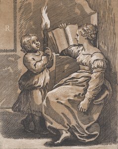 En sibylla som läser en bok mot vänster, efter 1518. av Ugo da Carpi