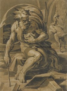 Diogenes, sittande framför sin tunna, läser ur en bok, en plockad höna som står beh..., ca. 1527-30.