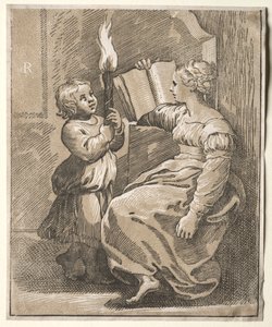 Sibyllläsning med ett barn som håller en fackla, 1518-27. av Ugo da Carpi