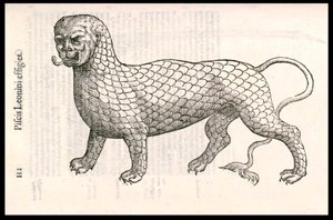 Monstervarelse: ett lejon täckt med fiskfjäll (eller lejonfisk). Gravyr av Ulisse Aldrovandi (1522-1605), "Monstrorum Historiae", Bologna 1642