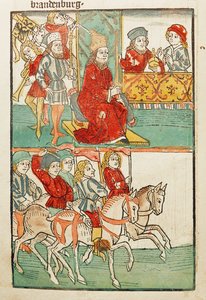 Förläning av markgreven av Nürnberg, Friedrich von Hohenzollern, med Mark Brandenburg av kejsar Sigismund... av Ulrich von Richental