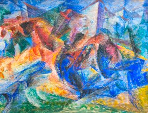 Häst, ryttare och byggnader av Umberto Boccioni