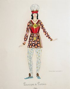 Kostym för prinsen av Persien från Turandot av Giacomo Puccini, skiss av Umberto Brunelleschi (1879-1949) för uruppförandet av operan på Teatro alla Scala i Milano, 25 april