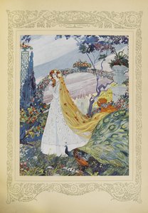 Hon täckte alltid sitt lockiga hår med en krona av blommor på huvudet, illustration från 