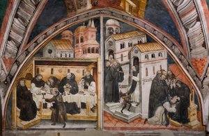 Avsnitt av Saint Benedict of Nursies liv: "Till vänster attacken av munkarna i Vicovaro som försöker förgifta Saint Benoit, den här bryter mirakulöst bägaren som innehåller giftet, till höger krigar Saint Benoit en munk med acedie" Fresk o