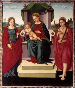 Madonna på tronen mellan St Magdalena och Sebastian (olja på duk