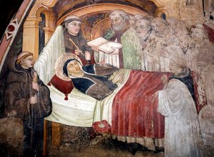 Döden av Saint Scolasticus (v. 480- v. 543), syster till Saint Benedict of Nursie. Hon är omgiven av benediktinermunkar. Fresk av Umbriens skola på 1400-talet. Klostret Saint Benedetto (Sacro Speco), Subiaco (Rom), Italien