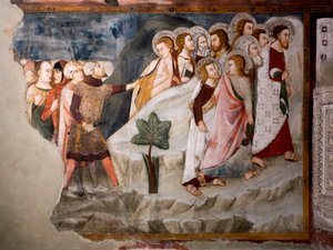 Flykten från apostlarna. Detalj. Fresk av Umbriens skola på 1400-talet. Överlägsen kyrka. Klostret Saint Benedetto (Sacro Speco), Subiaco (Rom), Italien