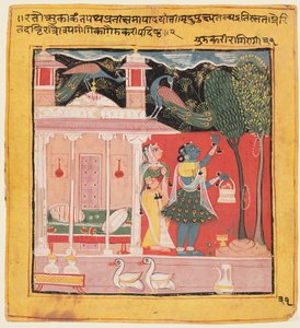 En dam som plockar blommor med påfåglar, Gunakali Ragini från Malkos, från Chawand Ragamala, 1605. av Unbekannt