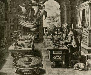 En navigeringsexpert på jobbet i hans studie med glob och kompass, c1591, 1928. av Unbekannt