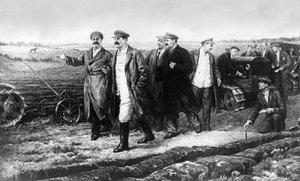En målning av K, Finogenov av J, V, Stalin, G, K, Ordjonikidze, M. I. Kalinin, L. M. Kaganovich och A. A. Zhdanov på Auto-Tractor Institutes experimentfält av Unbekannt