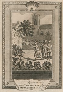 En representation av en storslagen skjutmatch av London Archers år 1583. av Unbekannt