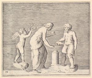 En kvinna och man som offrar i närvaro av Amor, publicerad ca. 1599-1622. av Unbekannt