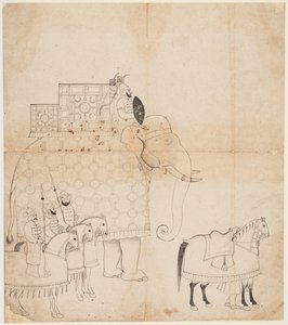 En teckning av Caparisoned Elephant and Horses, ca. 1760. av Unbekannt