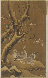 En grupp gäss under snötäckt pil och blommande träd, Mingdynastin, 16-1700-talet. av Unbekannt