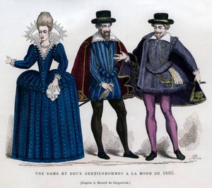 En dam och två herrar i fransk klänning från 1605 1882-1884 av Unbekannt