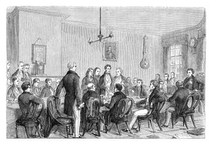 Ett möte för Anti-Corn Law League i Newalls Building, Manchester, 1838 c1895 av Unbekannt