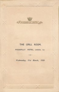 En meny för The Grill Room på Piccadilly Hotel, London, 1920 av Unbekannt