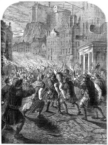 En pöbel som bär kapten John Porteous till hans avrättning, Edinburgh, 1736 1800-talet av Unbekannt
