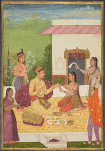 En prins som samtalar med en kvinna medan han tar förfriskningar på en terrass, ca. 1710-1720. av Unbekannt