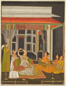 En prinsessa på en terrass med skötare på natten recto, kalligrafi verso, ca. 1760. av Unbekannt
