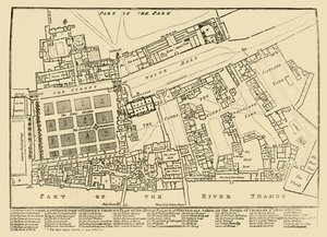 En förminskad kopia av Fishers Ground Plan of the Royal Palace of Whitehall, 1680, 1881. av Unbekannt