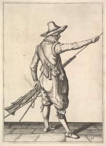 En soldat som drar ut ramstången från sin hållare, från Musketeers-serien, tallrik 25, i Wap.... av Unbekannt