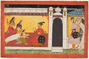 En kvinna svimmar inför en prins, en nattscen från en Madhavanala Kamakandala-serie, ca. 1700. av Unbekannt