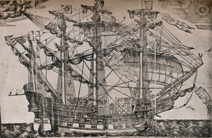 Ett träsnitt av ett skepp som tros vara The Ark Royal, c1587 av Unbekannt