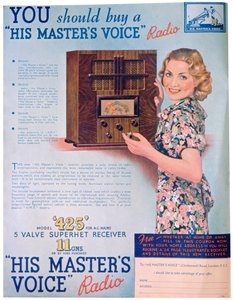 Annons för His Masters Voice-radioapparater, 1936 av Unbekannt