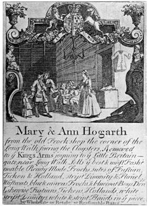 Annons för Mary och Ann Hogarths drapeributik, början av mitten av 1700-talet, 1901 av Unbekannt