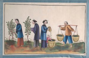 Album som innehåller tolv målningar av människor som tillverkar siden, 1800-talet. av Unbekannt