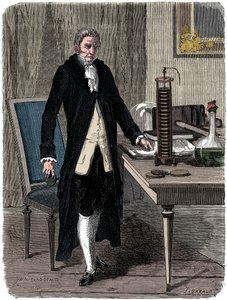 Alessandro Volta, italiensk fysiker, demonstrerar sitt elektriska högbatteri, c1800 c1870 av Unbekannt